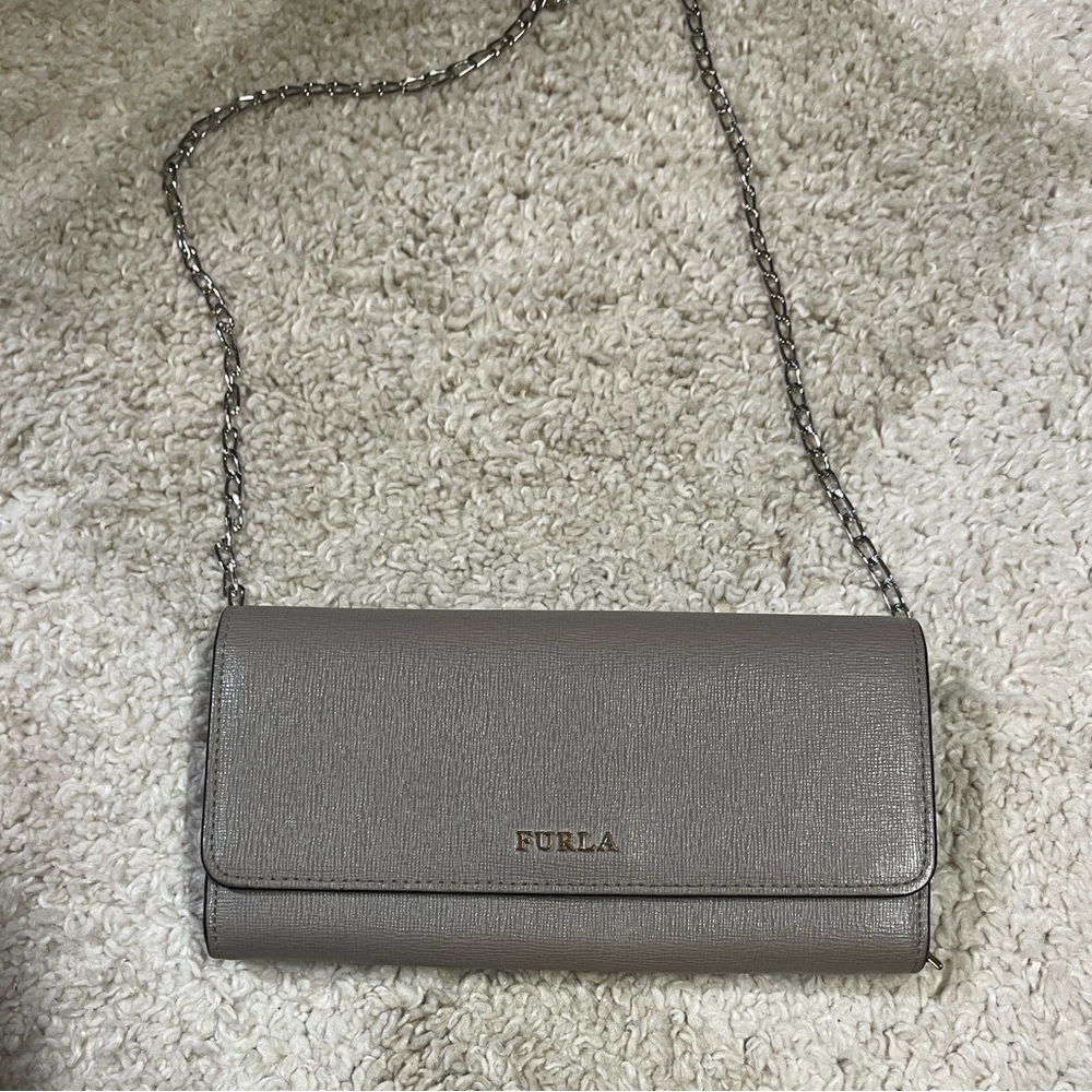 FURLA Gray leather long wallet on chain EUC